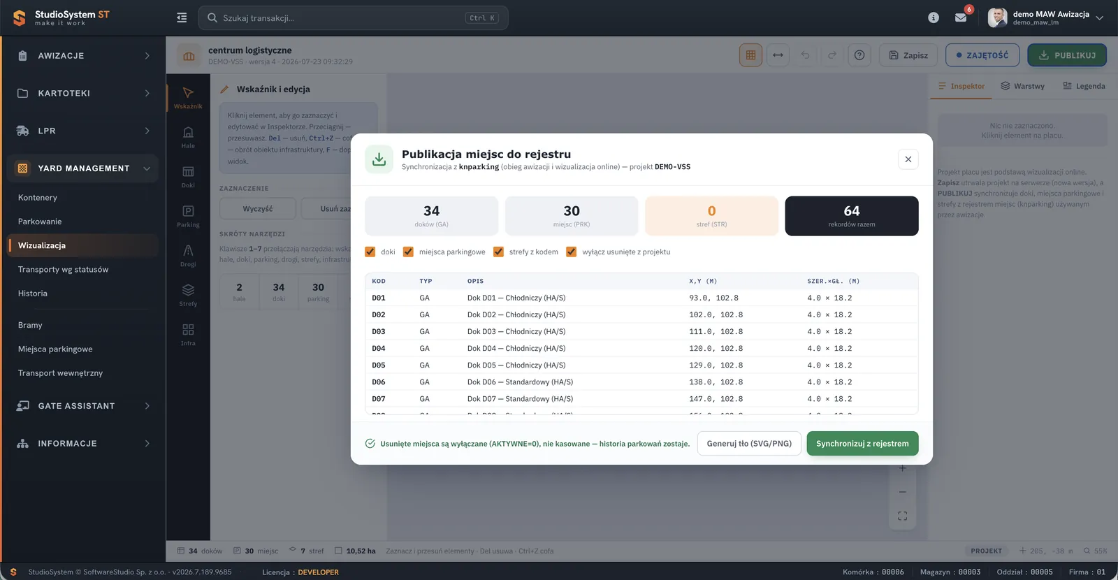 Okno publikacji miejsc placu w module Yard Management Studio VSS.net - synchronizacja 34 doków, 30 miejsc parkingowych i stref z rejestrem knparking